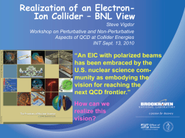 Realization of an ElectronIon Collider – BNL View Steve Vigdor Workshop on Perturbative and Non-Perturbative Aspects of QCD at Collider Energies INT Sept.