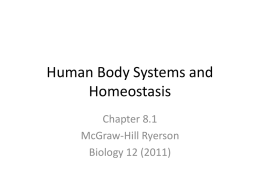 Human Body Systems and Homeostasis Chapter 8.1 McGraw-Hill Ryerson Biology 12 (2011) Homeostasis • Maintenance of a relatively stable internal, fluid environment (internal milieu) despite a changing.