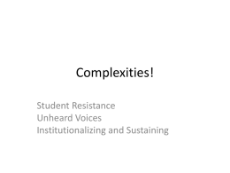 Complexities! Student Resistance Unheard Voices Institutionalizing and Sustaining Complexity #1: The underside of servicelearning: Student resistance.