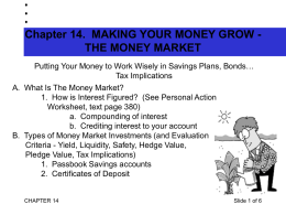 Chapter 14. MAKING YOUR MONEY GROW THE MONEY MARKET Putting Your Money to Work Wisely in Savings Plans, Bonds… Tax Implications A.