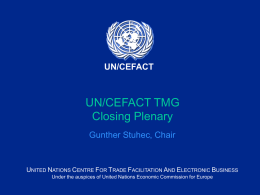 UN/CEFACT  UN/CEFACT TMG Closing Plenary Gunther Stuhec, Chair  UNITED NATIONS CENTRE FOR TRADE FACILITATION AND ELECTRONIC BUSINESS Under the auspices of United Nations Economic Commission.