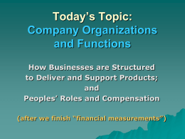 Today’s Topic: Company Organizations and Functions How Businesses are Structured to Deliver and Support Products; and Peoples’ Roles and Compensation (after we finish “financial measurements”)