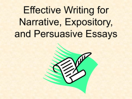 Effective Writing for Narrative, Expository, and Persuasive Essays Types of Required Writings for 10th grade • Narrative---tells a story  • Expository---tells how to do something.
