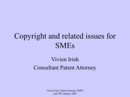 Copyright and related issues for SMEs Vivien Irish Consultant Patent Attorney  Vivien Irish, Patent Attorney, WIPO and TPI, January 2005