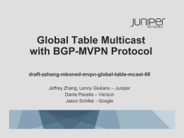 Global Table Multicast with BGP-MVPN Protocol draft-zzhang-mboned-mvpn-global-table-mcast-00 Jeffrey Zhang, Lenny Giuliano – Juniper Dante Pacella – Verizon Jason Schiller - Google.