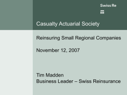 Casualty Actuarial Society Reinsuring Small Regional Companies November 12, 2007  Tim Madden Business Leader – Swiss Reinsurance.