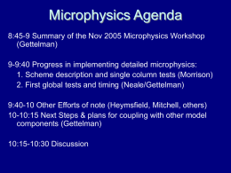 Microphysics Agenda 8:45-9 Summary of the Nov 2005 Microphysics Workshop (Gettelman) 9-9:40 Progress in implementing detailed microphysics: 1.