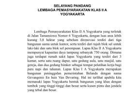 SELAYANG PANDANG LEMBAGA PEMASYARAKATAN KLAS II A YOGYAKARTA  Lembaga Pemasyarakatan Klas II A Yogyakarta yang terletak di Jalan Tamansiswa Nomor 6 Yogyakarta, dengan luas.
