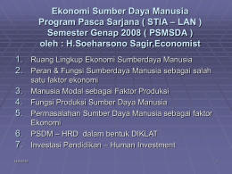 Ekonomi Sumber Daya Manusia Program Pasca Sarjana ( STIA – LAN ) Semester Genap 2008 ( PSMSDA ) oleh : H.Soeharsono Sagir,Economist 1.
