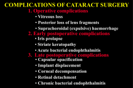 COMPLICATIONS OF CATARACT SURGERY 1. Operative complications • Vitreous loss • Posterior loss of lens fragments • Suprachoroidal (expulsive) haemorrhage  2.
