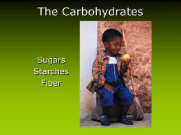 The Carbohydrates  Sugars Starches Fiber Carbohydrates (CH2O)n • Simple carbohydrates –Monosaccharides –Disaccharides • Complex carbohydrates Simple Carbohydrates • Monosaccharides –C6H12O6 •Glucose (dextrose, blood sugar) •Fructose •Galactose.