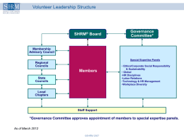 Volunteer Leadership Structure  SHRM&reg; Board  Governance Committee*  Membership Advisory Council Special Expertise Panels  Regional Councils  Members State Councils  &bull; Ethics/Corporate Social Responsibility & Sustainability &bull; Global &bull;HR Disciplines &bull;Labor Relations &bull;Technology & HR Management &bull;Workplace Diversity  Local Chapters  Staff Support  *Governance Committee.