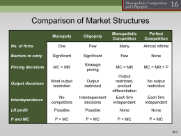 Monopolistic Competition and Oligopoly  Comparison of Market Structures Monopoly  Oligopoly  Monopolistic Competition  Perfect Competition  One  Few  Many  Almost infinite  Barriers to entry  Significant  Significant  Few  None  Pricing decisions  MC = MR  Strategic pricing  MC = MR  MC = MR = P  No output restriction  No.