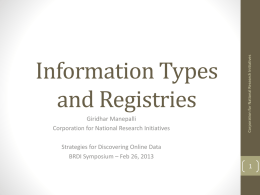 Giridhar Manepalli Corporation for National Research Initiatives  Corporation for National Research Initiatives  Information Types and Registries Strategies for Discovering Online Data BRDI Symposium – Feb 26,