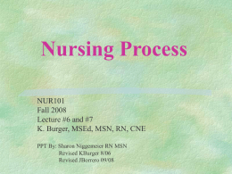 Nursing Process NUR101 Fall 2008 Lecture #6 and #7 K. Burger, MSEd, MSN, RN, CNE PPT By: Sharon Niggemeier RN MSN Revised KBurger 8/06 Revised JBorrero 09/08