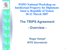 WIPO National Workshop on Intellectual Property for Diplomats Sana’a, Republic of Yemen 20-21 March 2007  The TRIPS Agreement - Overview Roger Kampf WTO Secretariat.