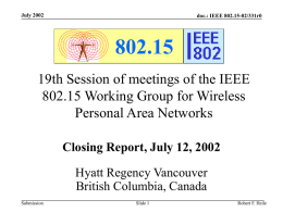 July 2002  doc.: IEEE 802.15-02/331r0  802.15 19th Session of meetings of the IEEE 802.15 Working Group for Wireless Personal Area Networks Closing Report, July 12, 2002 Hyatt.