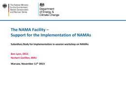 The NAMA Facility – Support for the Implementation of NAMAs Subsidiary Body for Implementation in-session workshop on NAMAs  Ben Lyon, DECC Norbert Gorißen, BMU Warsaw,