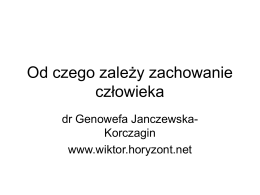 Od czego zależy zachowanie człowieka dr Genowefa JanczewskaKorczagin www.wiktor.horyzont.net Zachowanie człowieka to jego wszystkie formy aktywności, które pełnią: Funkcję regulującą jego stosunki z otoczeniem.