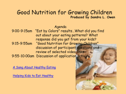 Good Nutrition for Growing Children  Produced by Sandra L. Owen  Agenda 9:00-9:15am “Eat by Colors” results…What did you find out about your eating patterns?