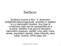 Surfaces Surfaces involve a third 'z' dimension (height/elevation/magnitude, quantity) in addition to x,y planimetric location.