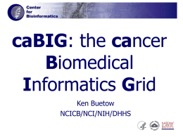 caBIG: the cancer Biomedical Informatics Grid Ken Buetow NCICB/NCI/NIH/DHHS NCI biomedical informatics  Goal: A virtual web of interconnected data, individuals, and organizations redefines how research is conducted,