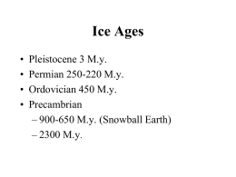 Ice Ages • • • •  Pleistocene 3 M.y. Permian 250-220 M.y. Ordovician 450 M.y. Precambrian – 900-650 M.y.