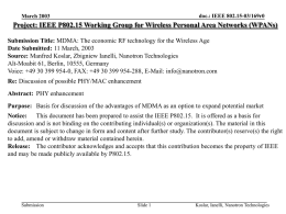 doc.: IEEE 802.15-03/169r0  March 2003  Project: IEEE P802.15 Working Group for Wireless Personal Area Networks (WPANs) Submission Title: MDMA: The economic RF technology.