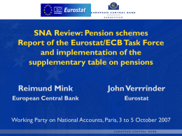 SNA Review: Pension schemes Report of the Eurostat/ECB Task Force and implementation of the supplementary table on pensions Reimund Mink  John Verrrinder  European Central Bank  Eurostat  Working Party.