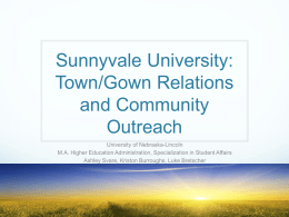 Sunnyvale University: Town/Gown Relations and Community Outreach University of Nebraska-Lincoln M.A. Higher Education Administration, Specialization in Student Affairs Ashley Svare, Kriston Burroughs, Luke Bretscher.