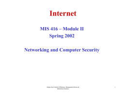 Internet MIS 416 – Module II Spring 2002 Networking and Computer Security  Sanjay Goel, School of Business, Management Science & Information Systems.