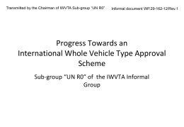 Transmitted by the Chairman of IWVTA Sub-group “UN R0”  Informal document WP.29-162-12/Rev.1  Progress Towards an International Whole Vehicle Type Approval Scheme Sub-group “UN R0” of.