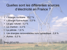 Quelles sont les différentes sources d’électricité en France ? • • • • • • •  L’énergie nucléaire : 85,7 % L’énergie hydraulique : 5,0 % Le gaz naturel : 3,2