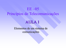 EE –05 Princípios de Telecomunicações AULA 1 Elementos de um sistema de comunicações COMUNICAÇÃO  TRANSMISSÃO DE INFORMAÇÃO DE UM PONTO A OUTRO, ATRAVÉS DE UMA SUCESSÃO DE.