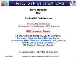 Heavy Ion Physics with CMS Dave Hofman UIC for the CMS Collaboration Overall CMS Collaboration 38 Countries, 181 Institutions, ~2500 Scientists  CMS Heavy-Ion Groups Athens, Auckland, Budapest,