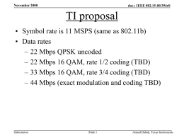 November 2000  doc.: IEEE 802.15-00/394r0  TI proposal • Symbol rate is 11 MSPS (same as 802.11b) • Data rates – 22 Mbps QPSK uncoded – 22