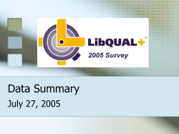 Data Summary July 27, 2005 Dealing with Perceptions! Used to quantifiable quality (collection size, # of journals, etc.)  Survey of opinions or perceptions 