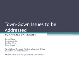 Town-Gown Issues to be Addressed SUNNYVALE UNIVERSITY Royce Maier Dominique Starr Rashica Ward Ryan Young Wright State University Student Affairs and Higher Education Graduate Students StudentAffairs.com 2013 Case Study.