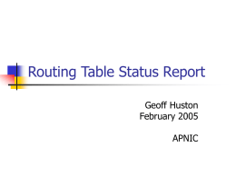 Routing Table Status Report Geoff Huston February 2005 APNIC IPv4 Routing Table Size  Data assembled from a variety of sources, Including Surfnet, Telstra, KPN and Route Views. Each.