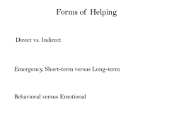 Forms of Helping Direct vs. Indirect  Emergency, Short-term versus Long-term  Behavioral versus Emotional.