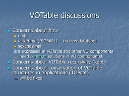 VOTable discussions   Concerns about how  units  date/time (ISO8601) -- no new datatype!  sexagesimal are expressed in VOTable and other VO components  need common.