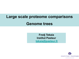 Large scale proteome comparisons Genome trees Fredj Tekaia Institut Pasteur tekaia@pasteur.fr Complete genomes  Tree of life  • 1387 projects 261 published (01-03-05) • 654 prokaryotes  • 472 eukaryotes http://www.genomesonline.org/