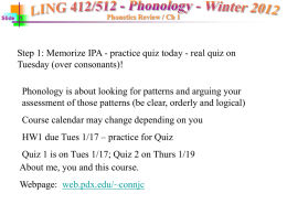 Slide 1  Phonetics Review / Ch 1  Step 1: Memorize IPA - practice quiz today - real quiz on Tuesday (over consonants)! Phonology is.