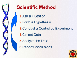 Scientific Method 1.Ask a Question  2.Form a Hypothesis 3.Conduct a Controlled Experiment  4.Collect Data 5.Analyze the Data  6.Report Conclusions.