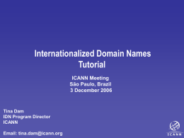 Internationalized Domain Names Tutorial ICANN Meeting São Paulo, Brazil 3 December 2006  Tina Dam IDN Program Director ICANN Email: tina.dam@icann.org.