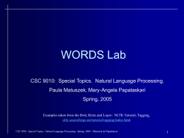 WORDS Lab CSC 9010: Special Topics. Natural Language Processing. Paula Matuszek, Mary-Angela Papalaskari Spring, 2005 Examples taken from the Bird, Klein and Loper: NLTK.