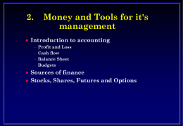 2.   Money and Tools for it's management  Introduction to accounting – – – –     Profit and Loss Cash flow Balance Sheet Budgets  Sources of finance Stocks, Shares, Futures and Options.