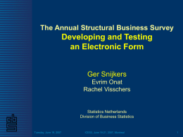 The Annual Structural Business Survey  Developing and Testing an Electronic Form Ger Snijkers Evrim Onat Rachel Visschers  Statistics Netherlands Division of Business Statistics  Tuesday, June 19, 2007  ICES3, June.