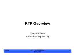 RTP Overview Suman Sharma sumansharma@ieee.org  2/22/08  IEEE 1733 Face-to-Face Sandy, Utah RTP Stack SDP  Payload Formats  RTP  RTSP  UDP  TCP  IP  RTP: rfc3550  RTSP: rfc2326  SDP: rfc2327  SRTP: rfc3711  RTP/AVP: rfc3551 2/22/08  IEEE 1733 Face-to-Face Sandy, Utah.