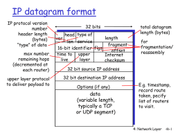 IP datagram format IP protocol version number header length (bytes) “type” of data max number remaining hops (decremented at each router) upper layer protocol to deliver payload to  32 bits head.